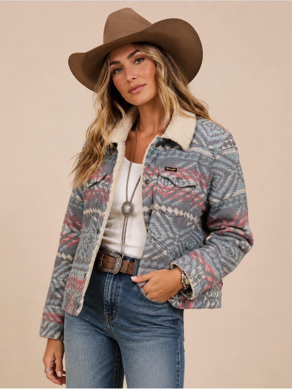 Wrangler Women’s Aztec Southwestern Sherpa Lined Snap Front Jacket Size XL